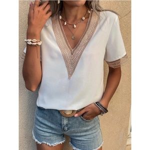 White Tan Neutral Contrast Lace Short Sleeve Blouse Small